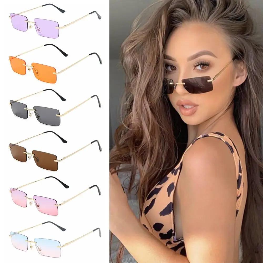 남녀공용 빈티지 선글라스, 레트로 UV400 안경, 직사각형 무테 그라데이션 안경